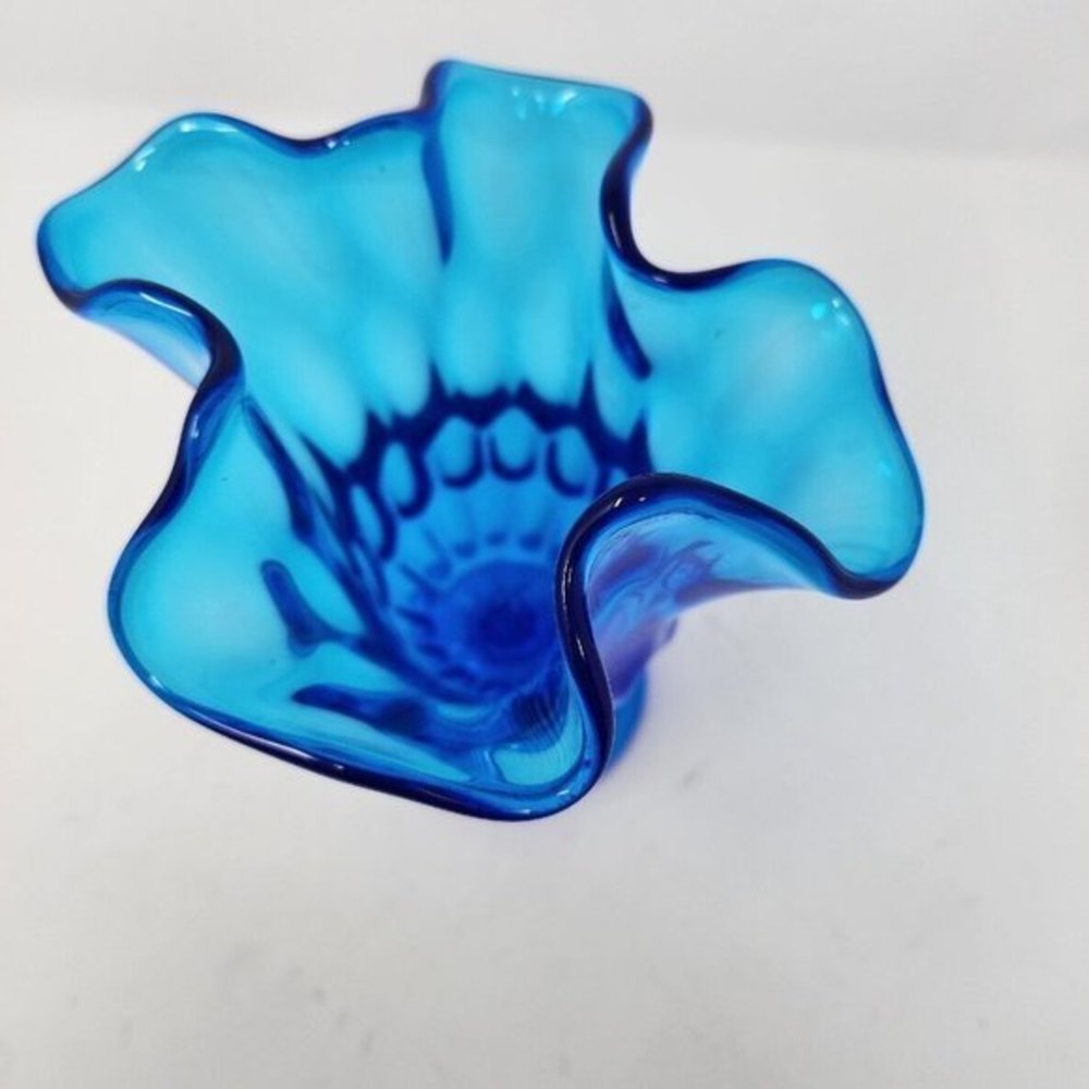 Vtg‎ Fenton Swung Stretch Handkerchief Pedestal Thumb Print Colonial Blue Vase - Picture 4 of 12